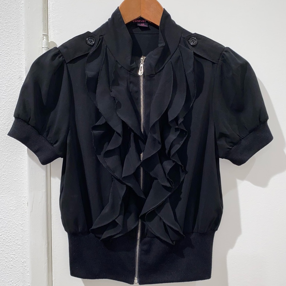 Forever 21 Black Ruffled Zip-Up Jacket